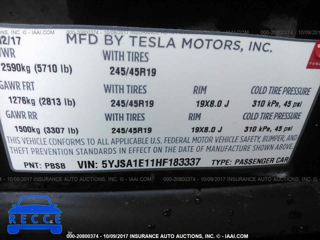 2017 TESLA MODEL S 5YJSA1E11HF183337 image 8