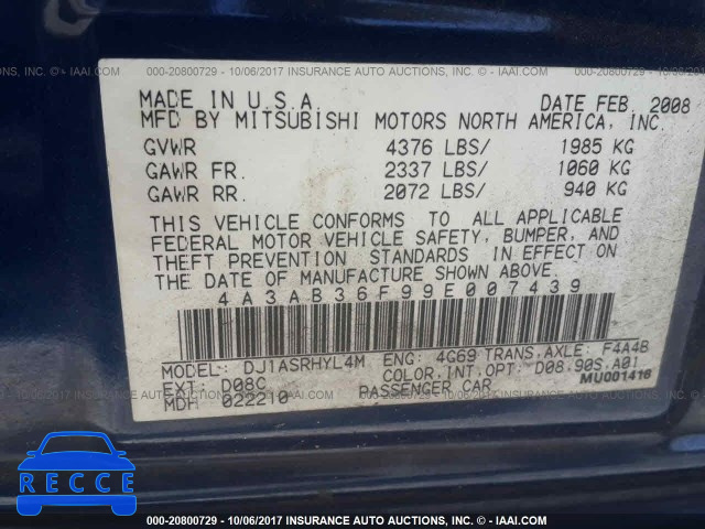 2009 Mitsubishi Galant 4A3AB36F99E007439 Bild 8