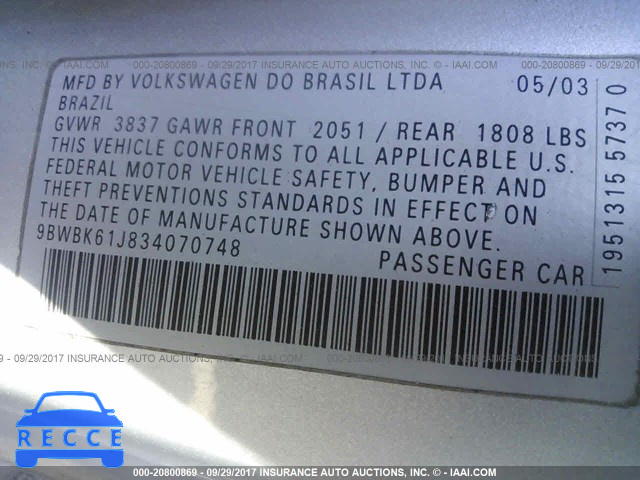 2003 Volkswagen Golf GL 9BWBK61J834070748 image 8