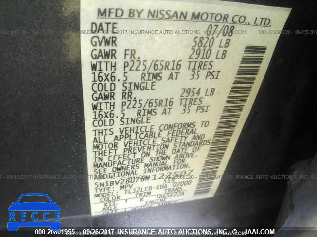 2008 Nissan Quest S/SE/SL 5N1BV28U78N122507 Bild 8