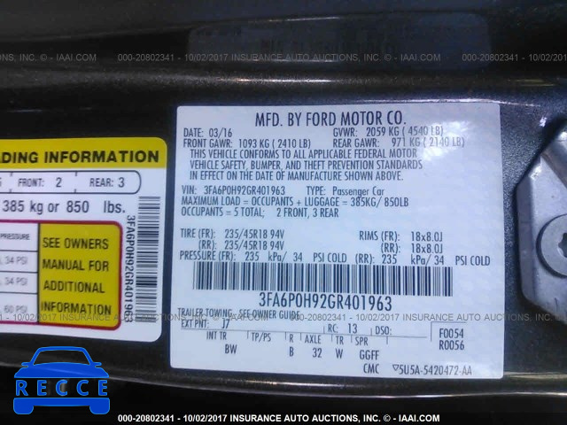 2016 FORD FUSION 3FA6P0H92GR401963 image 8