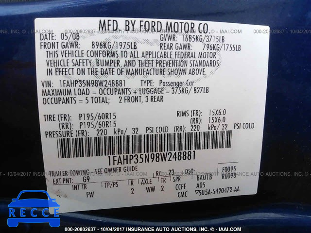2008 Ford Focus 1FAHP35N98W248881 Bild 8