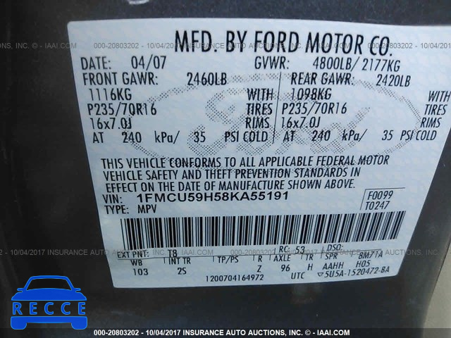 2008 Ford Escape 1FMCU59H58KA55191 зображення 8