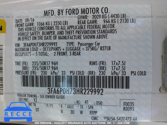 2017 FORD FUSION 3FA6P0H73HR229992 Bild 8