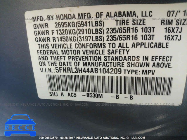 2010 Honda Odyssey 5FNRL3H44AB104209 image 8
