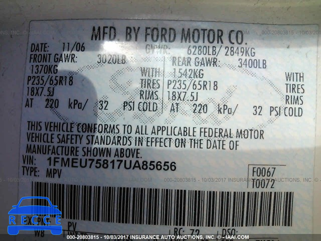 2007 Ford Explorer LIMITED 1FMEU75817UA85656 image 8