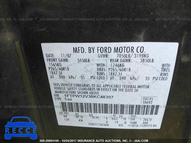 2008 Ford F150 1FTPW12V38KC48397 image 8