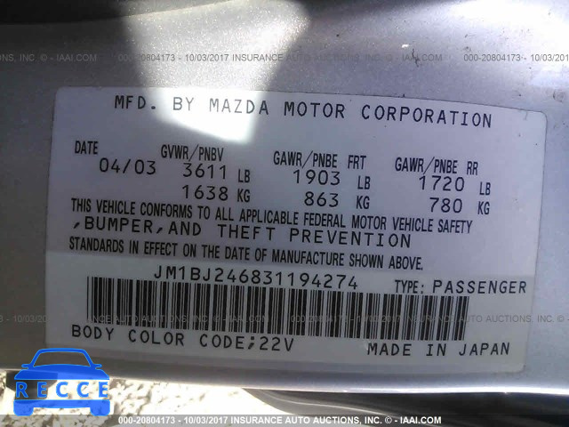 2003 Mazda Protege JM1BJ246831194274 зображення 8