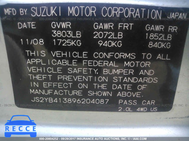 2009 SUZUKI SX4 TECHNOLOGY JS2YB413896204087 image 8