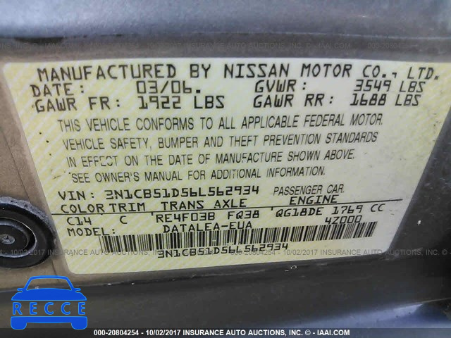 2006 Nissan Sentra 3N1CB51D56L562934 image 8