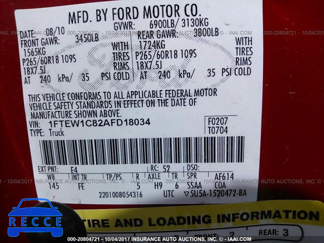 2010 Ford F150 1FTEW1C82AFD18034 зображення 8