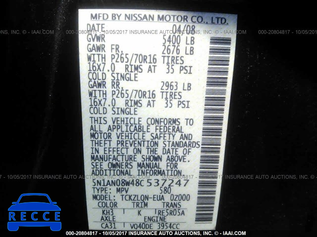 2008 Nissan Xterra OFF ROAD/S/SE 5N1AN08W48C537247 Bild 8