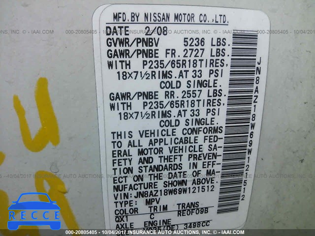 2009 Nissan Murano JN8AZ18W69W121512 зображення 8