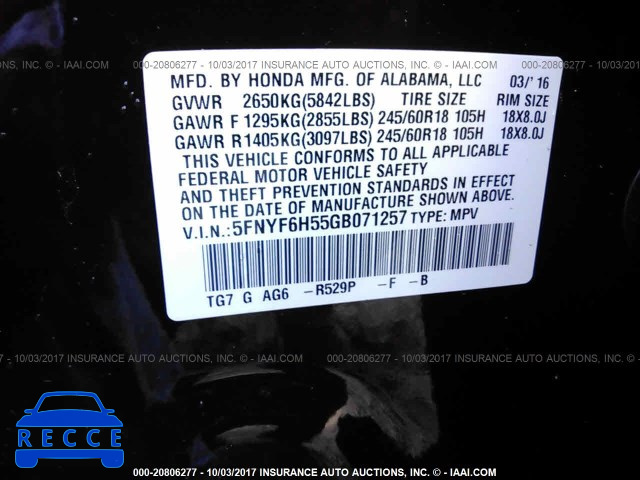 2016 Honda Pilot EXL 5FNYF6H55GB071257 image 8