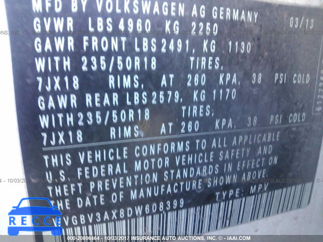 2013 Volkswagen Tiguan S/SE/SEL WVGBV3AX8DW608399 image 8