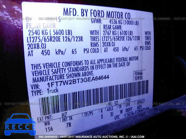 2016 Ford F250 SUPER DUTY 1FT7W2BT3GEA64644 зображення 8