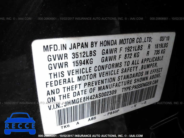 2010 Honda FIT JHMGE8H42AS002309 зображення 8