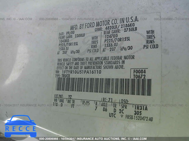 2001 FORD RANGER 1FTYR10U51PA16110 image 8