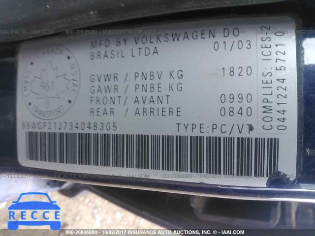 2003 Volkswagen Golf 9BWGP21J734048305 image 8