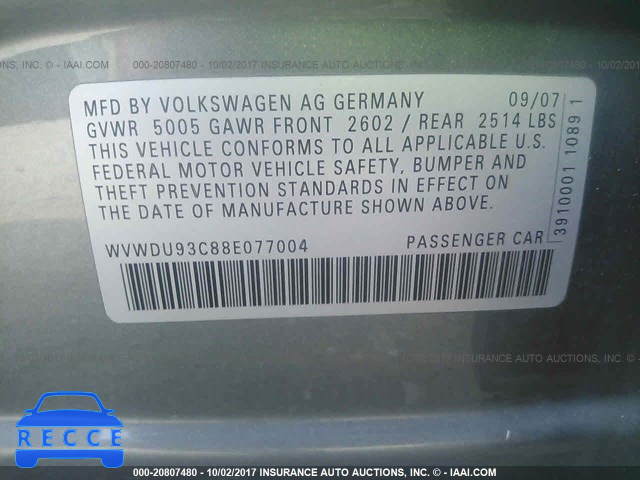 2008 Volkswagen Passat WVWDU93C88E077004 image 8