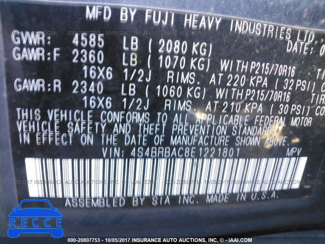 2014 Subaru Outback 2.5I 4S4BRBAC8E1221801 image 8