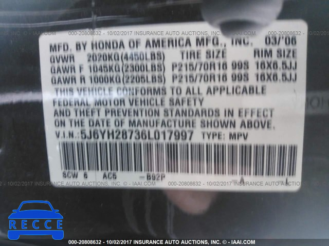 2006 Honda Element 5J6YH28736L017997 Bild 8