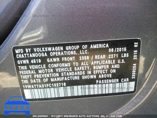 2015 Volkswagen Passat S 1VWAT7A31FC102716 image 8