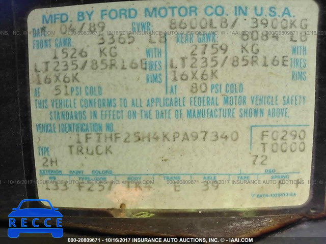 1989 Ford F250 1FTHF25H4KPA97340 image 8