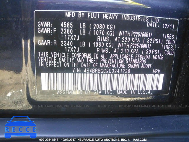 2012 Subaru Outback 2.5I PREMIUM 4S4BRBGC2C3241230 image 8