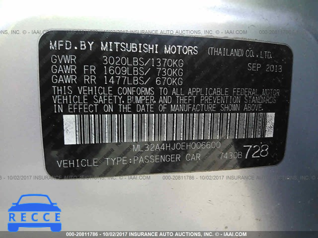 2014 Mitsubishi Mirage ES ML32A4HJ0EH006600 image 8