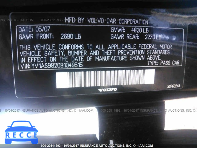 2008 Volvo S80 YV1AS982081049515 image 8