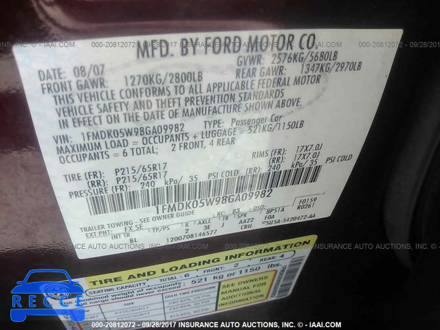 2008 Ford Taurus X 1FMDK05W98GA09982 зображення 8