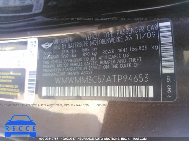 2010 Mini Cooper S CLUBMAN WMWMM3C57ATP94653 зображення 8