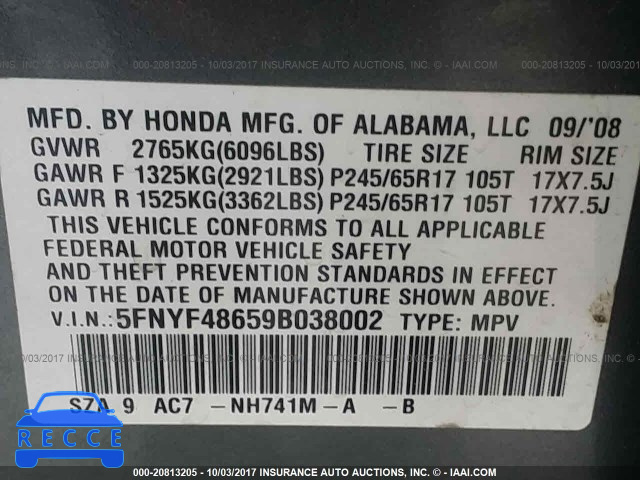 2009 HONDA PILOT EXL 5FNYF48659B038002 image 8