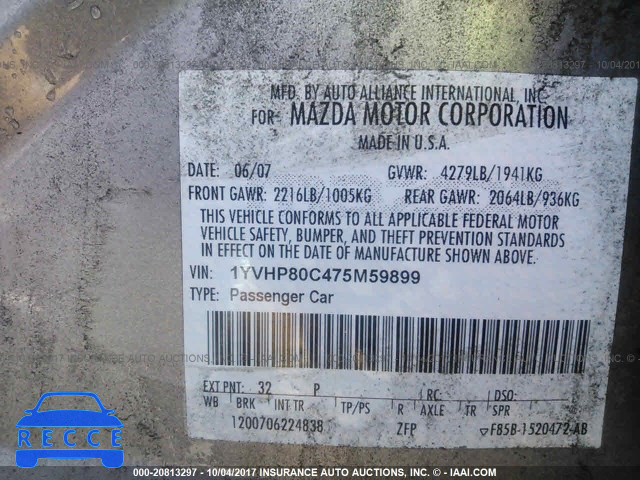 2007 MAZDA 6 I 1YVHP80C475M59899 image 8