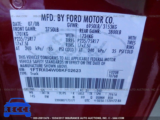 2008 Ford F150 1FTRX04W08KF02623 image 8