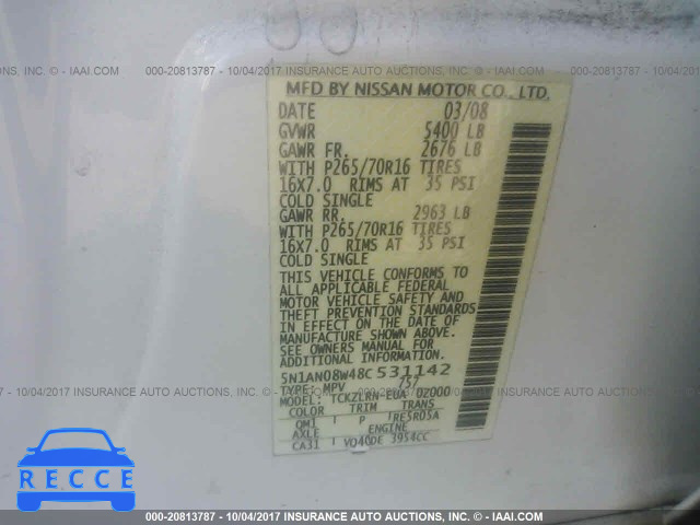 2008 Nissan Xterra OFF ROAD/S/SE 5N1AN08W48C531142 зображення 8