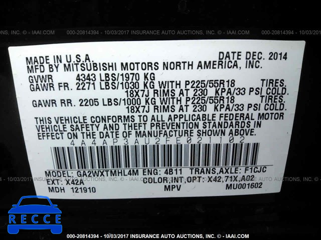 2015 Mitsubishi Outlander Sport 4A4AP3AU2FE021102 image 8