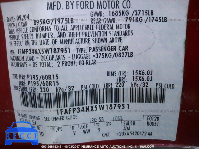 2005 Ford Focus 1FAFP34NX5W187951 зображення 8