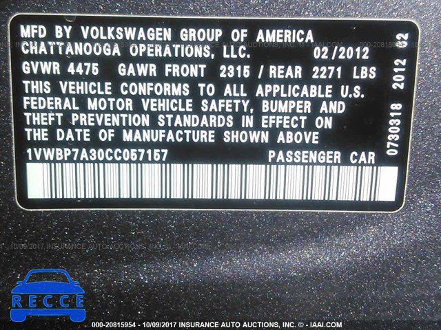 2012 Volkswagen Passat SE 1VWBP7A30CC057157 зображення 8
