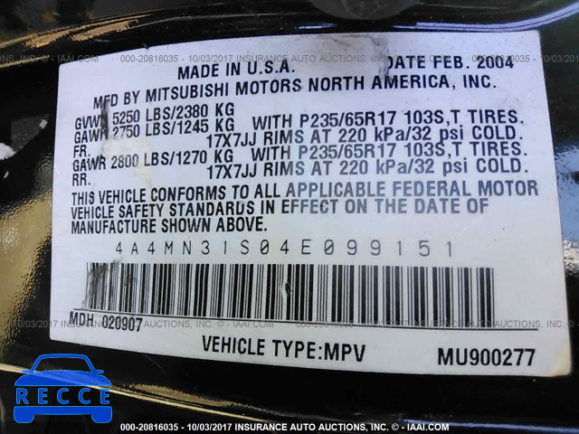 2004 Mitsubishi Endeavor 4A4MN31S04E099151 image 8