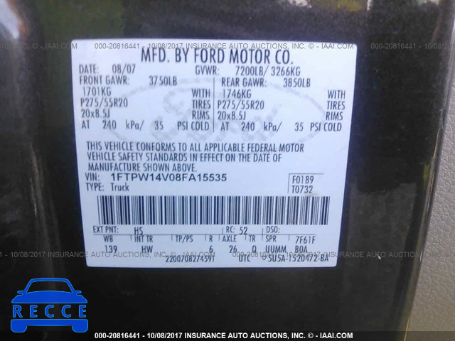 2008 Ford F150 1FTPW14V08FA15535 image 8