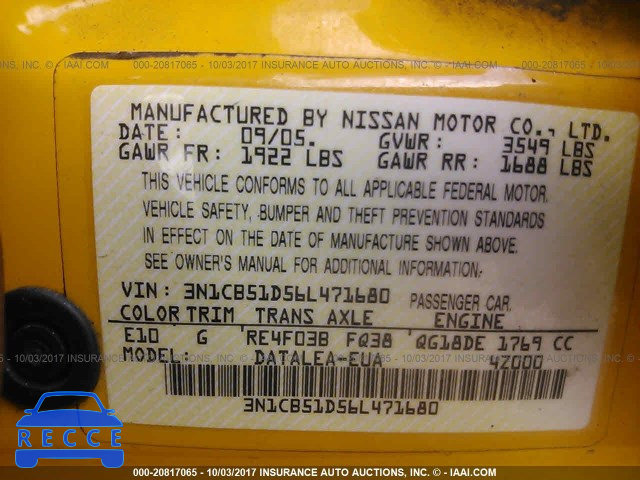 2006 Nissan Sentra 3N1CB51D56L471680 зображення 8