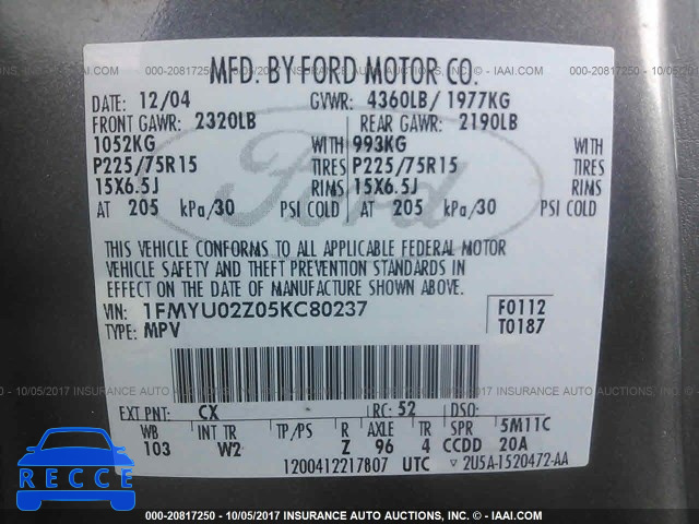 2005 Ford Escape 1FMYU02Z05KC80237 image 8