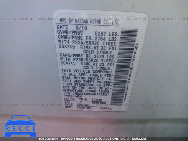 2010 Nissan Murano JN8AZ1MW5AW140921 image 8