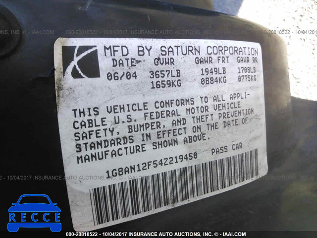 2004 SATURN ION 1G8AN12F54Z219450 image 8