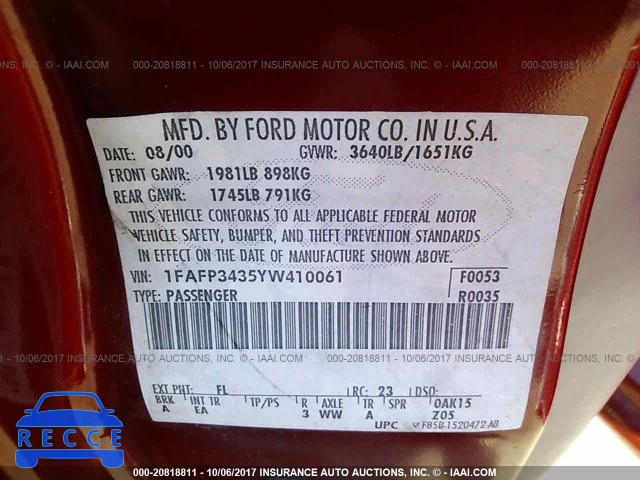 2000 FORD FOCUS SE/SE SPORT 1FAFP3435YW410061 image 8