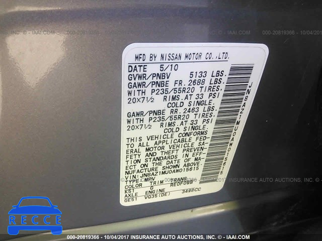 2010 Nissan Murano JN8AZ1MU0AW015615 image 8