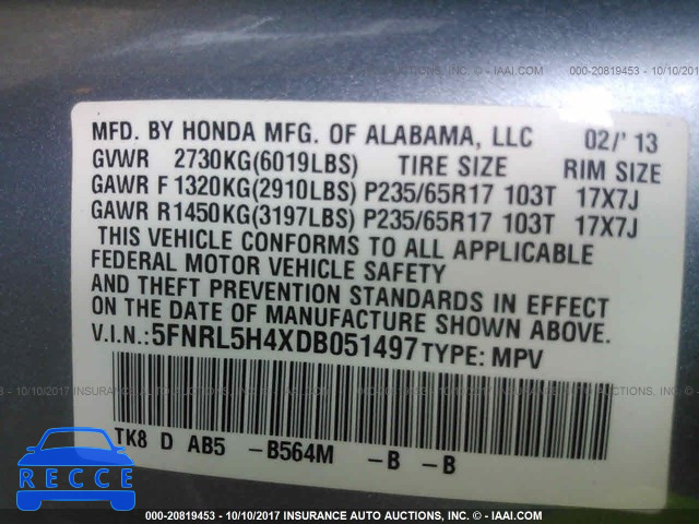2013 Honda Odyssey EX 5FNRL5H4XDB051497 image 8