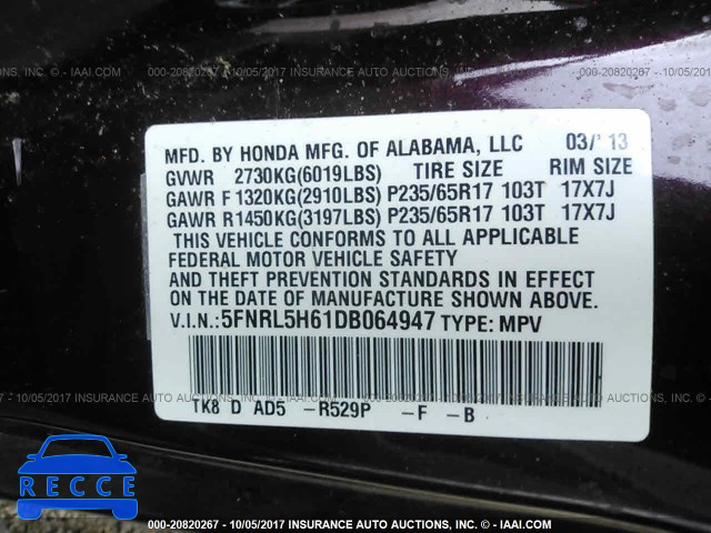 2013 Honda Odyssey EXL 5FNRL5H61DB064947 image 8